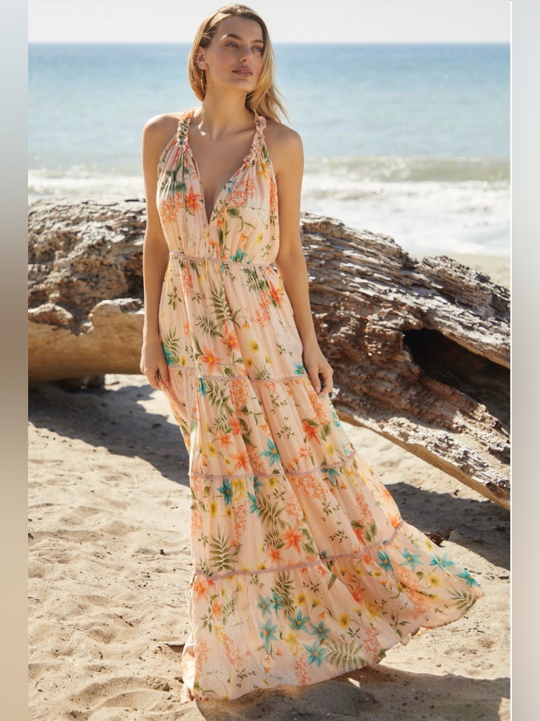 Pq Swim Peach Floral Halter Tiered Maxi Dress Size M/L,Nwt